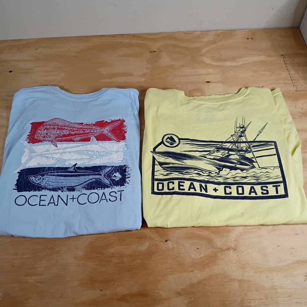 Lot 2 Ocean + Coast Mens 2XL Graphic T-Shirts Fishing Boat Fish Blue Yellow